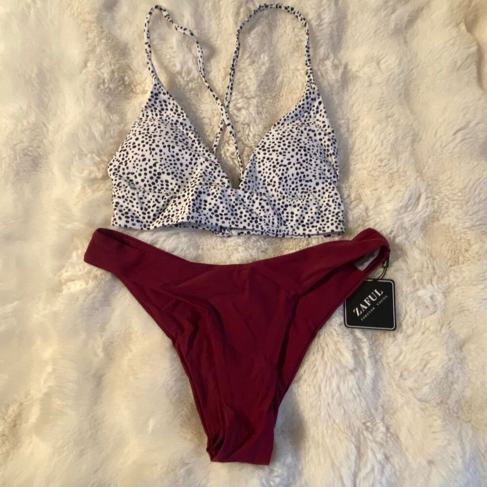 Zaful Dalmatian Print White & Burgundy Two-Piece Bikini Sz 4 NWT